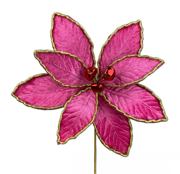15" by 9" Hot Pink Velvet Poinsettia Pick 85739BT