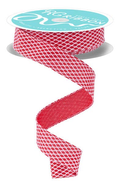 USA imported wired ribbon. 7/8" wide, Mini Harlequin design in red and white. Sold by the meter.
