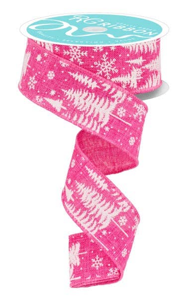 USA imported wired ribbon. 1.5", Hot Pink/White Pine Trees/Snowflakes. Sold by the meter
