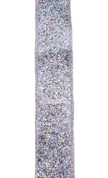 USA imported wired ribbon. Silver laser glitter ribbon, 1.5" wide (low shed glitter). Sold by the meter