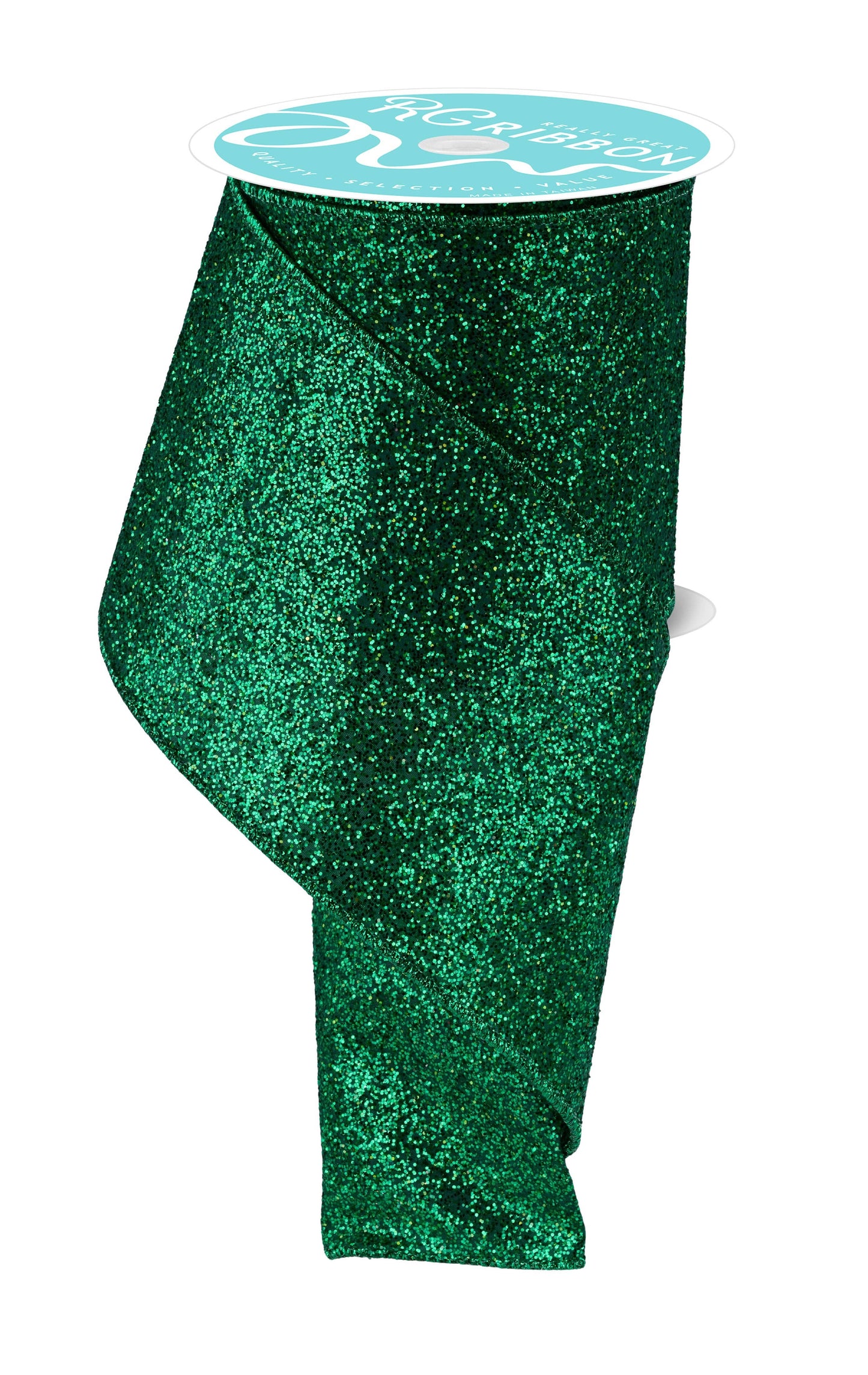High quality USA imported wired ribbon. 4" wide ribbon in emerald green, made with shimmering laser glitter.. Sold by the meter