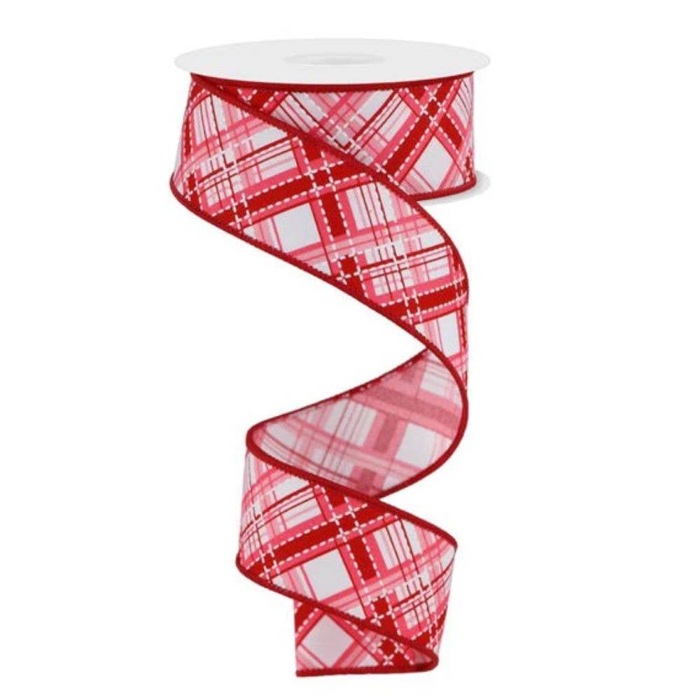 USA imported wired ribbon, 1.5" wide, diagonal dash plaid in white, red & multi pink. Sold by the meter.