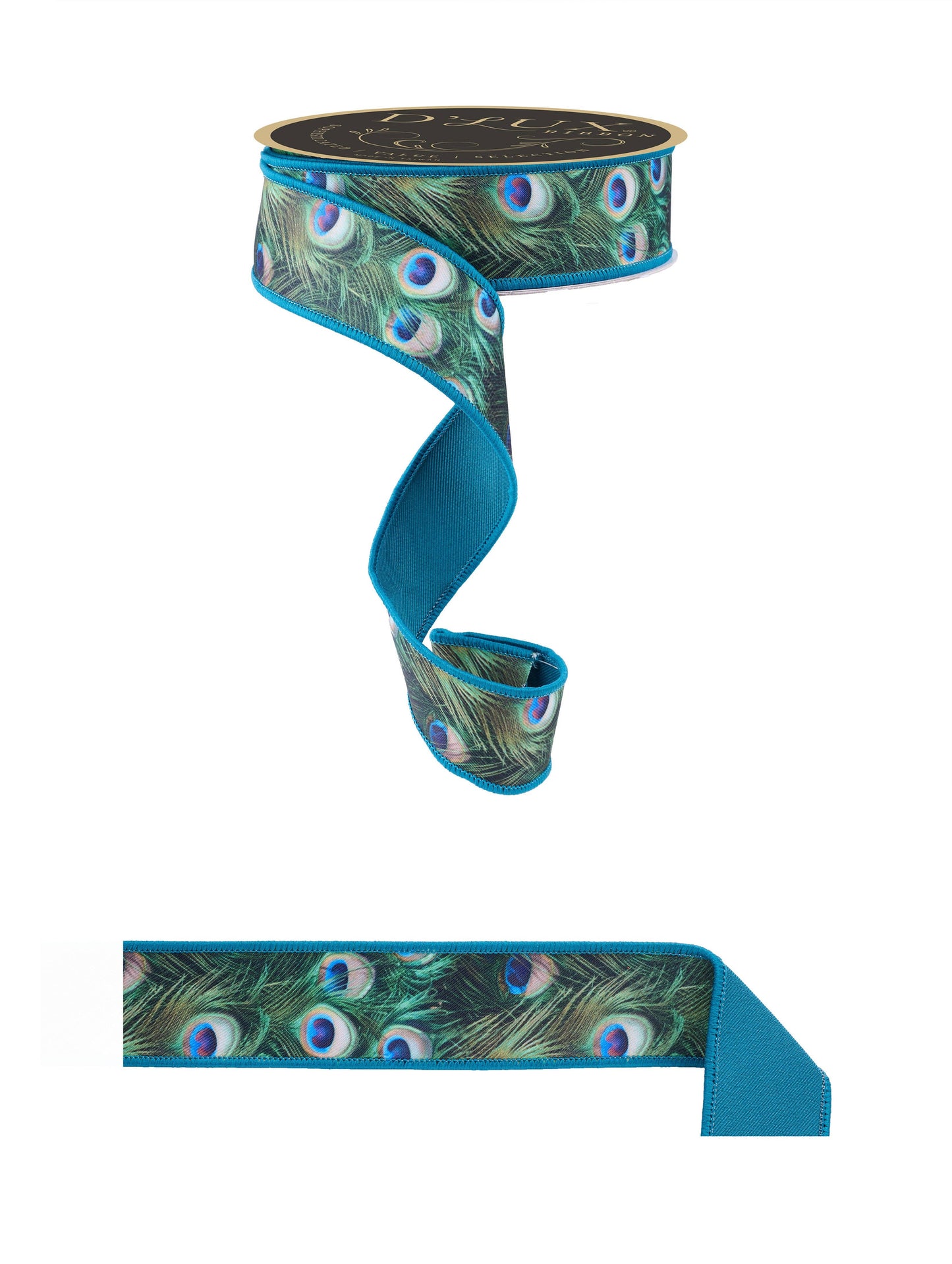 premium USA imported wired ribbon. Deluxe 1.5" wide fused ribbon, in a peacock feather design in Green, blue and Teal.