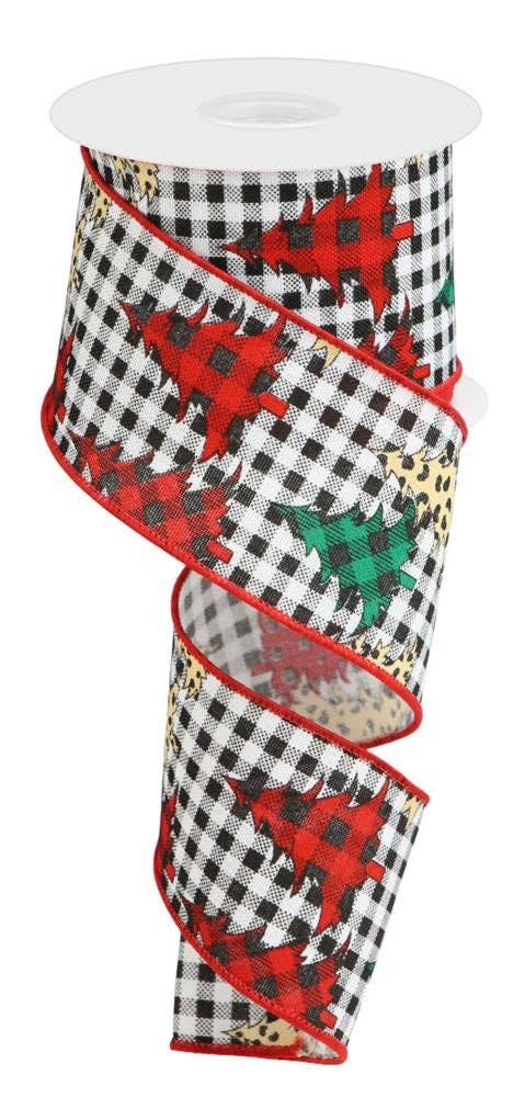 USA imported wired ribbon. 2.5" wide, with a Christmas Tree design on check ribbon, in red, white black and tan. Sold by the meter. 