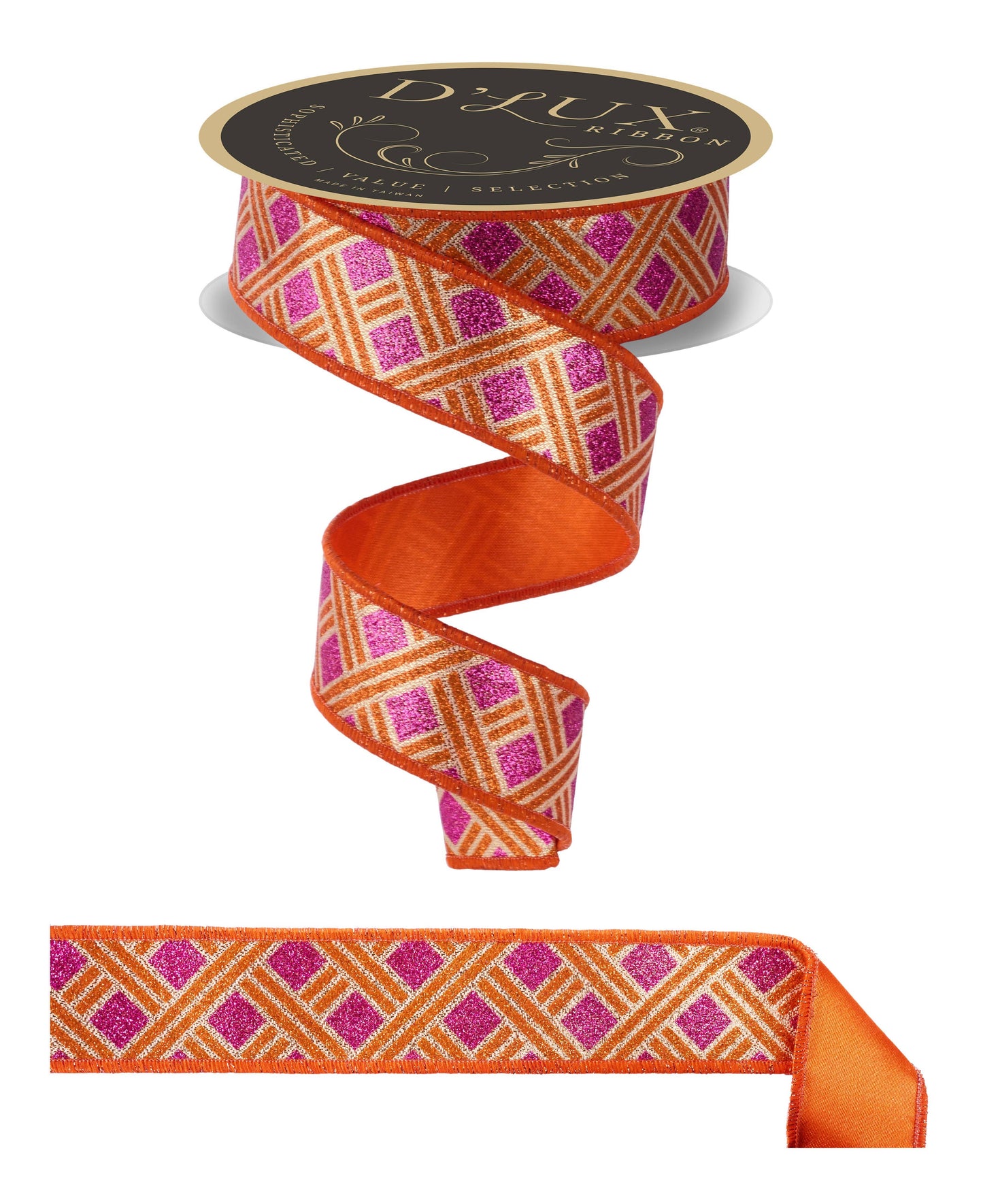 High quality premium USA imported wired ribbon. Deluxe 1.5" wide fused ribbon,with woven stripe design in gold, fuchsia and orange. Sold per meter