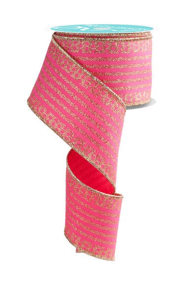USA imported wired ribbon. 2.5" wide, pink and gold with a vertical stripe and dot edge. Sold by the meter.