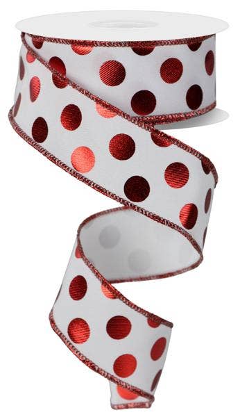 USA imported wired ribbon. 1.5" wide, with Red & White Metallic Polka Dots. Sold by the meter
