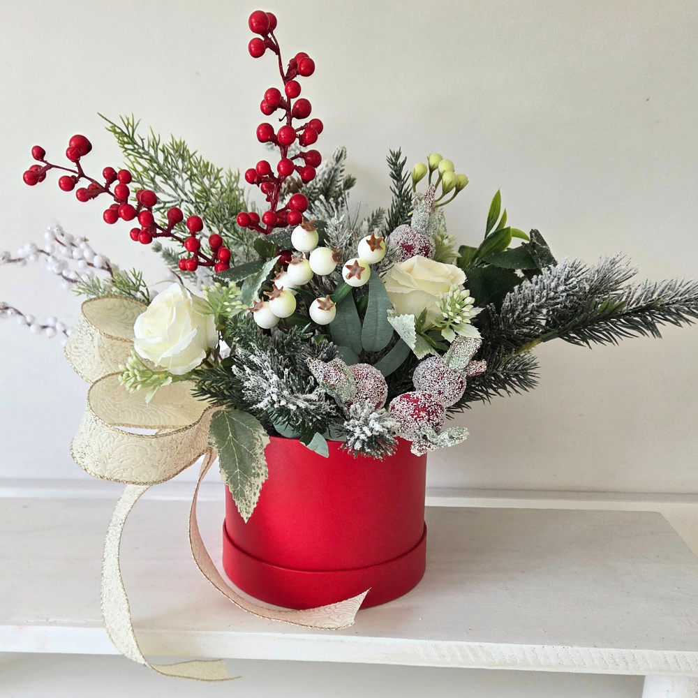Realistic Christmas foliage, flowers & berries hat box, ideal centerpiece or gift. Luxury Christmas decor