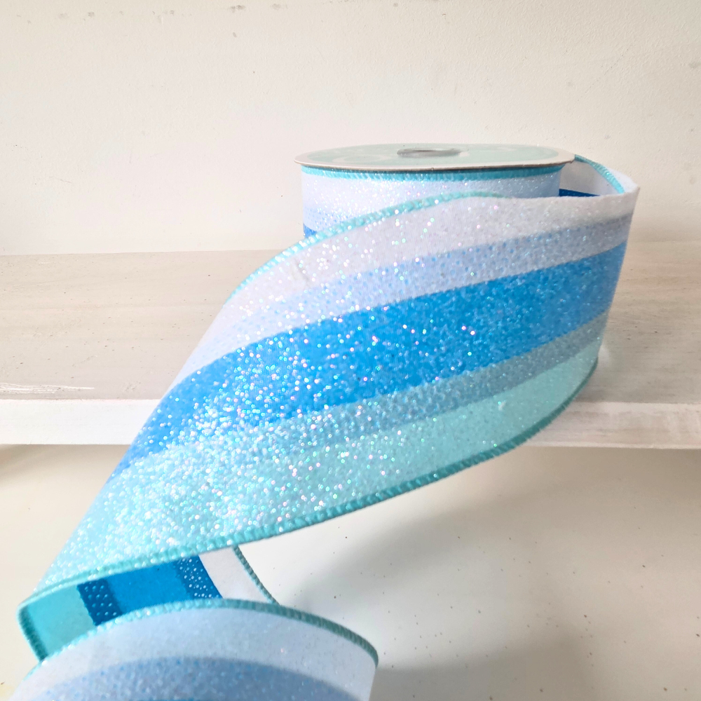 High quality USA imported wired ribbon.2.5 inch ribbon, iridescent Glitter in tones of Blue, Robin Egg Blue & White