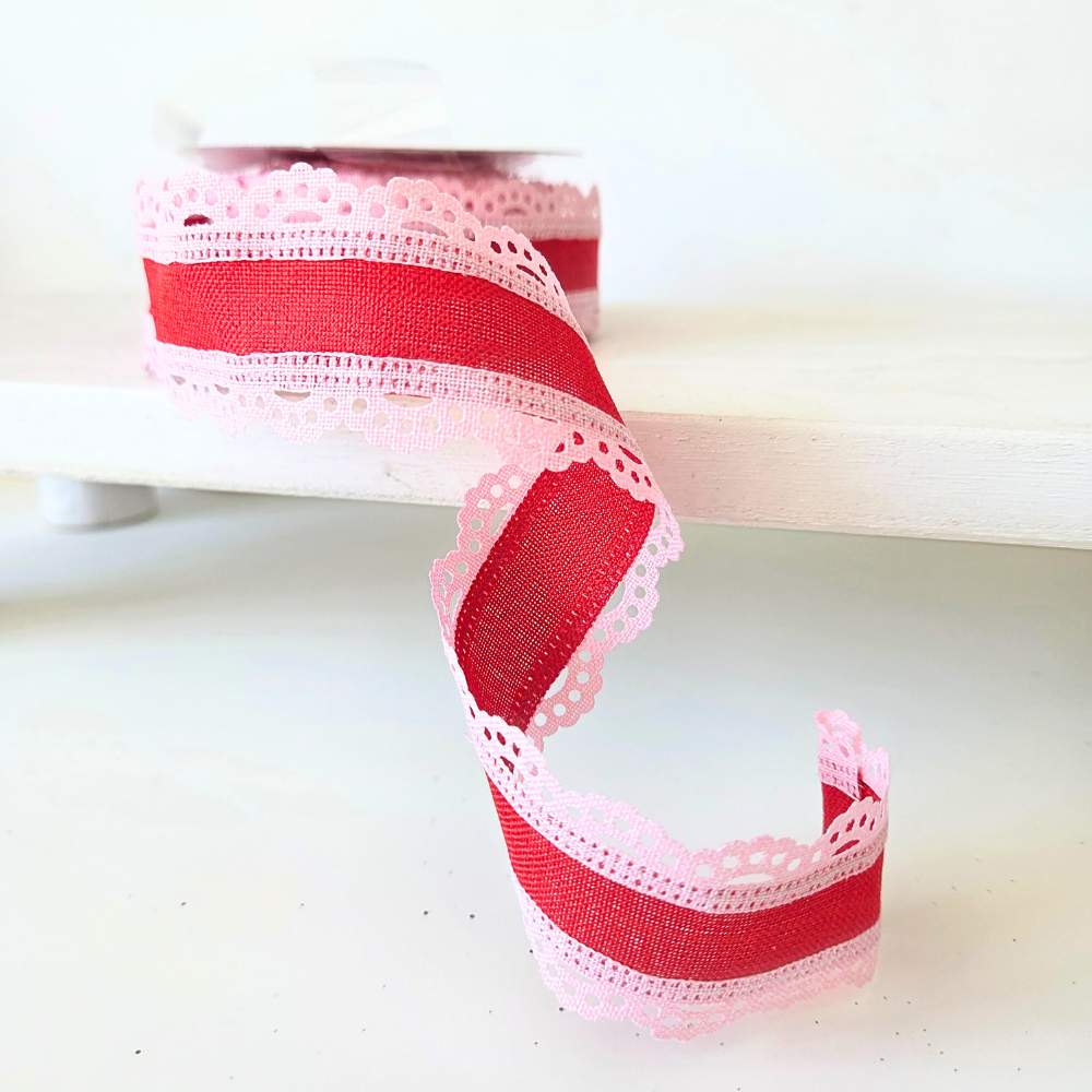 USA imported wired ribbon. 1.5" Light Pink Red Lace Edge Royal Burlap Ribbon. Sold by the meter