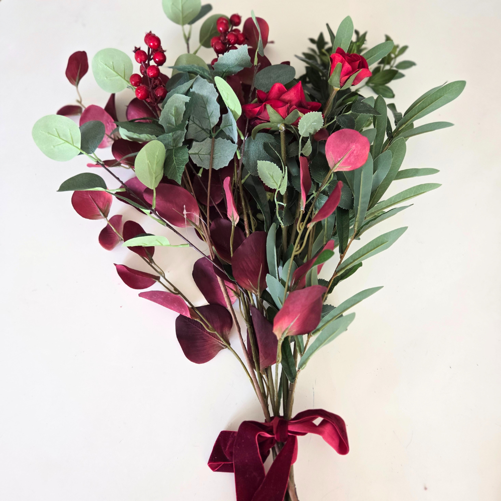 Realistic Christmas foliage, flowers & berries boquet. Luxury Christmas decor