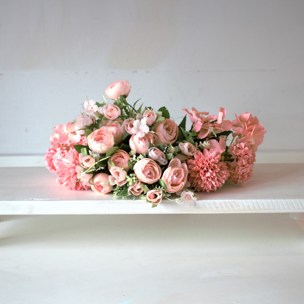 The Peach Bloomsy Box - Mixed bunch of peach silk flowers with foliage