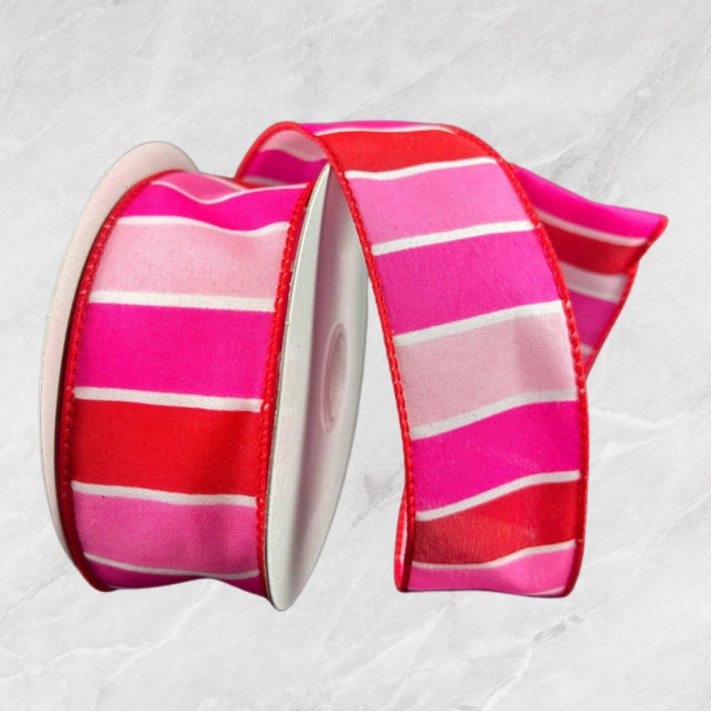 Wired ribbon. 1.5" wide. Fuchsia-Red-Pink-White Wide Stripes, Sold by the meter. USA imported