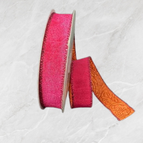 USA imported double sided wired ribbon. 7/8" wide in embossed glitter in Fuchsia and Orange. Sold by the meter.