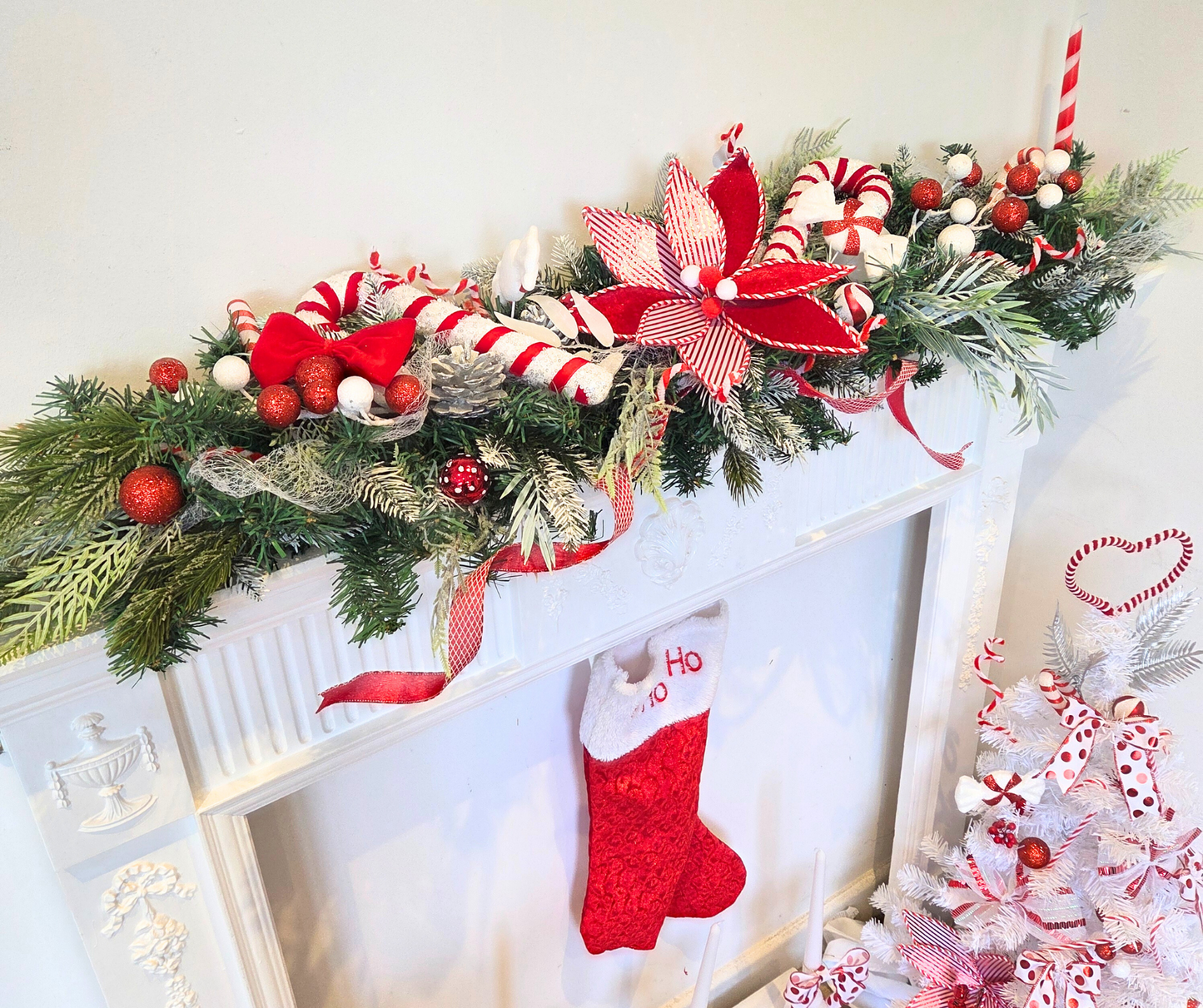 Large deluxe Red & White Candy Cane Bespoke Christmas garland, xmas swag, Christmas garland stairs, fireplace, door, table garland, snowy pine, Xmas decor