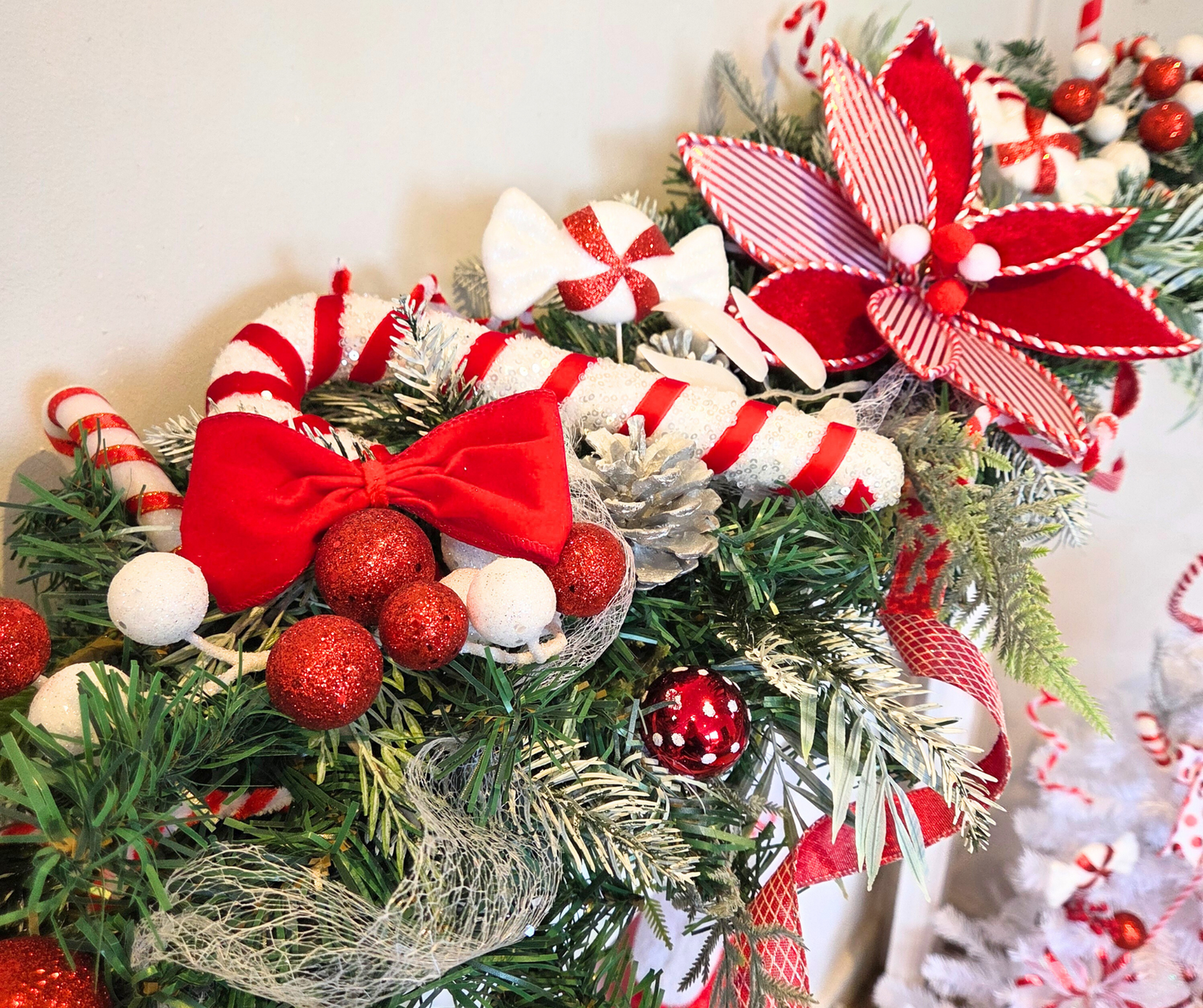 Large deluxe Red & White Candy Cane Bespoke Christmas garland, xmas swag, Christmas garland stairs, fireplace, door, table garland, snowy pine, Xmas decor