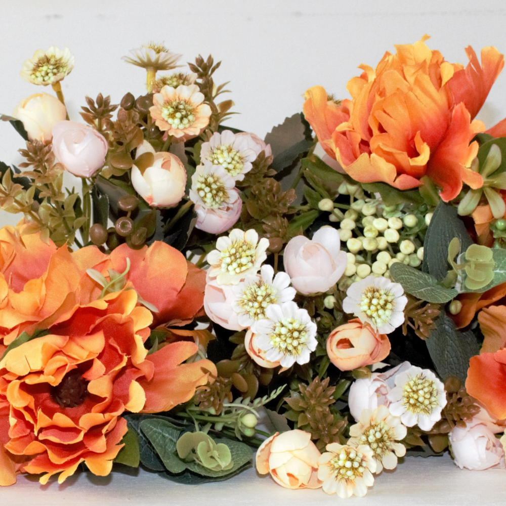 The Orange Bloomsy Box - Mixed bunch of orange silk flowers with foliage