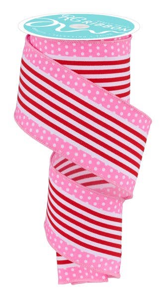 USA imported wired ribbon,.2.5" wide. Vertical Stripe and Polka Dot Edge in red, white and pink. Sold by the meter.