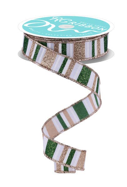 USA imported wired ribbon. Horizontal Stripe Ribbon ribbon, 7/8" wide, in White/Sage/Champagne colours. Sold by the meter