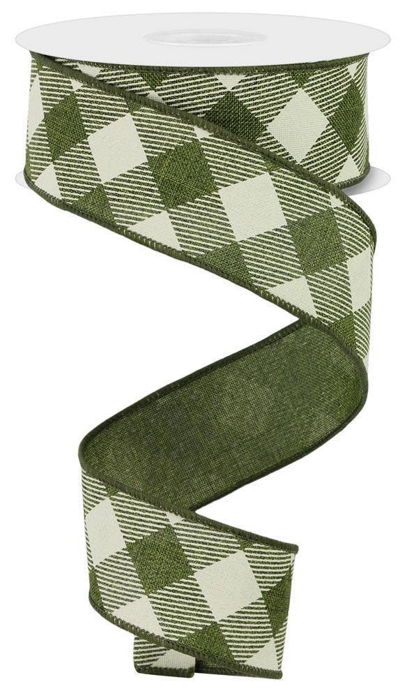 USA imported wired ribbon, 1.5" wide with a diagonal check design in moss green and ivory. Sold by the meter
