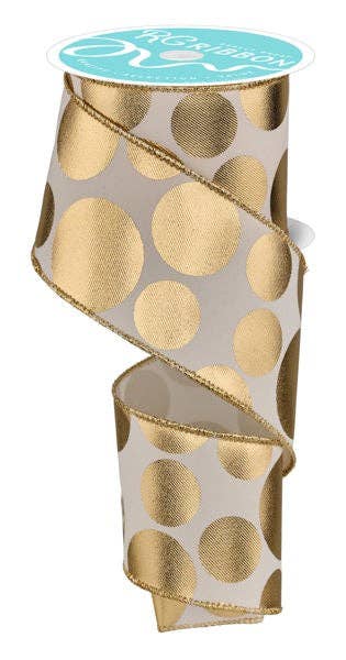 USA imported wired edge ribbon. 2.5" wide, in ivory with metallic gold dots. Sold by the meter.