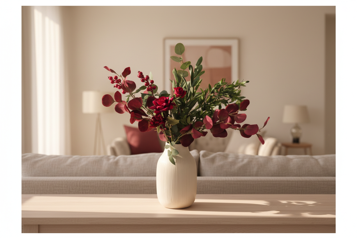 Red and green floral arrangement in a soft natural home setting