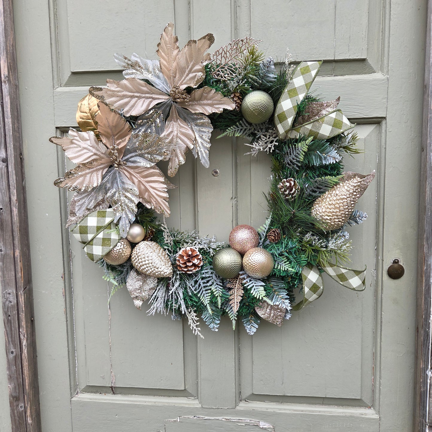 Deluxe Gold and Green Double Poinsettia Christmas Wreath, luxury Christmas decor