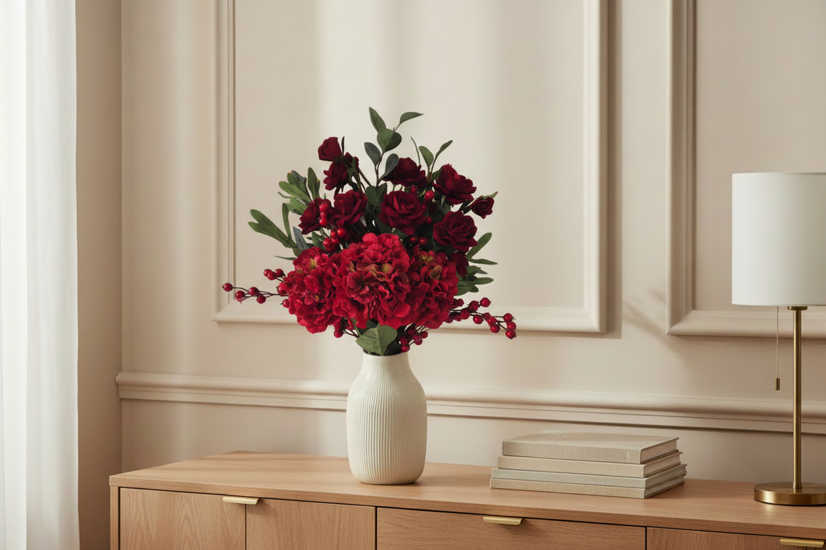 White flower arrangement in matching lifestyle setting
