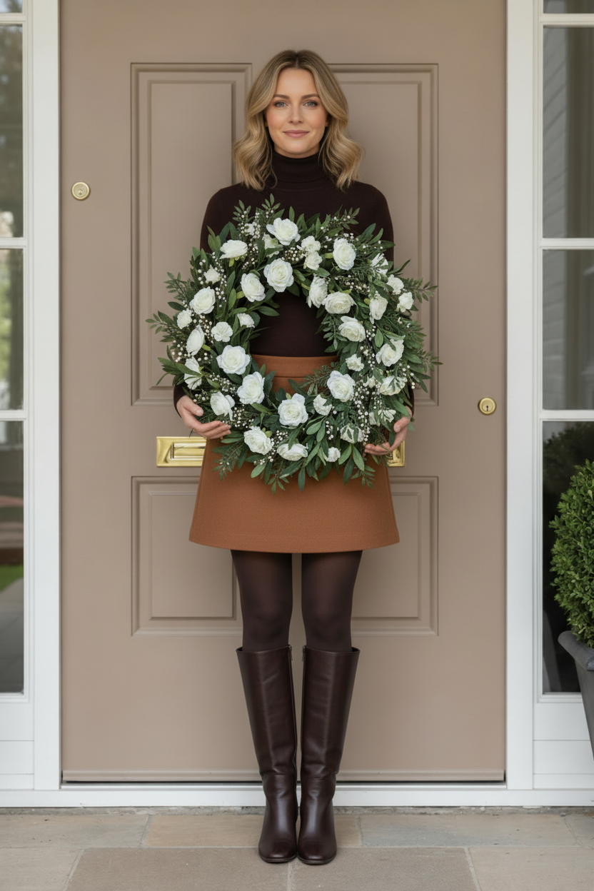 Woman in a brown winter outfit holding the white rose wreath