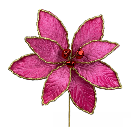 15" by 9" Hot Pink Velvet Poinsettia Pick 85739BT
