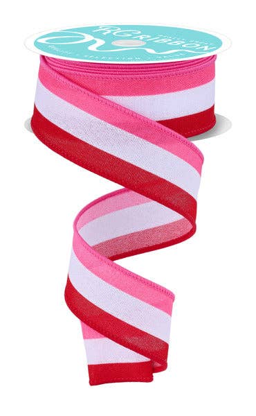 USA import ribbon, wide, with a 3 in 1 vertical stripe design in hot pink, white & a red.  Sold by the meter