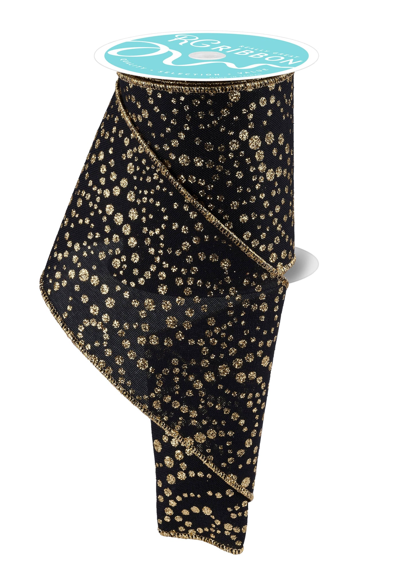 USA imported wired ribbon.  4"Mini Glitter Dots Black/Gold tiny glitter dots in a striking black and gold color scheme.  Sold by the meter.
