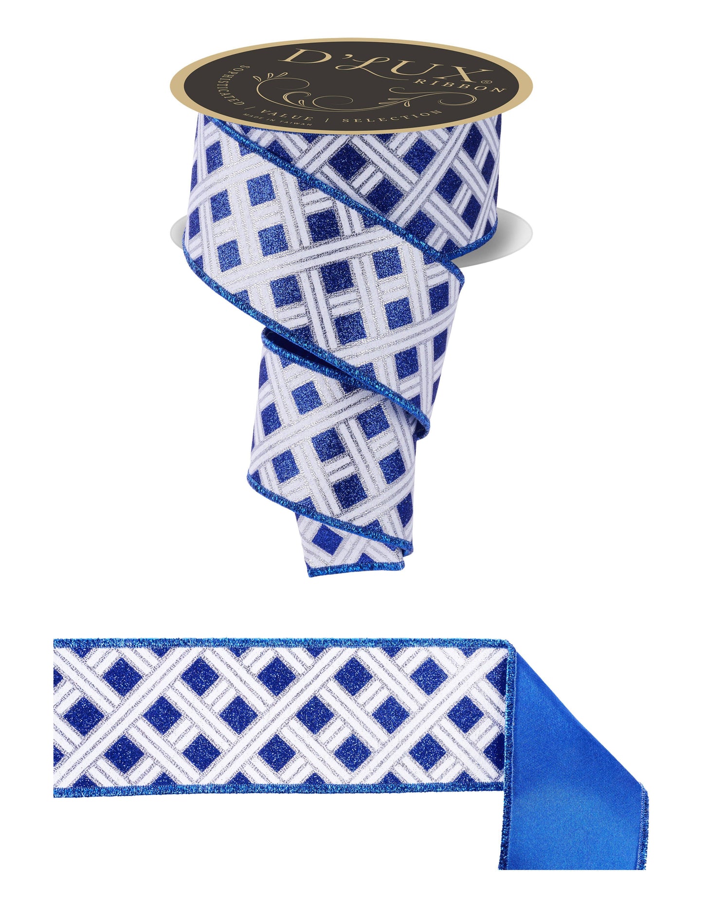 Deluxe 2.5" wide fused ribbon, with woven stripes in Silver, Royal Bllue &; White, with a royal blue fused backing.  Sold by the meter