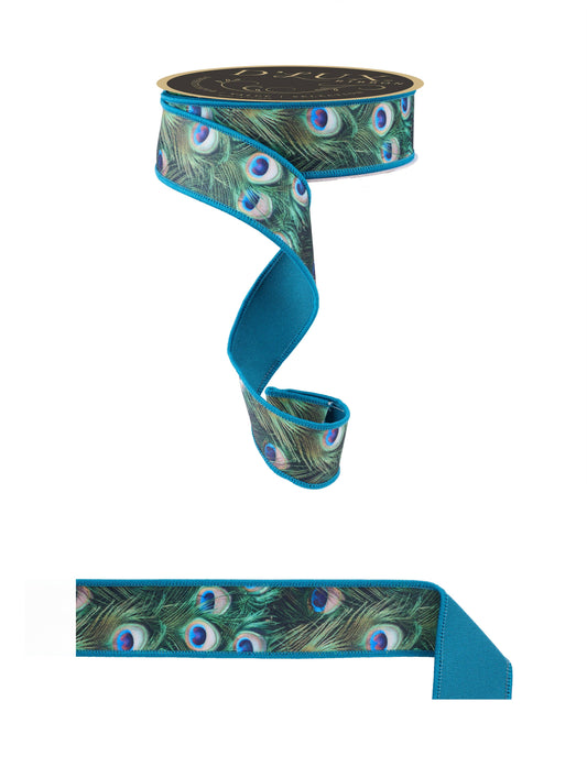 premium USA imported wired ribbon.  Deluxe 1.5" wide fused ribbon, in a peacock feather design in Green, blue  and Teal.