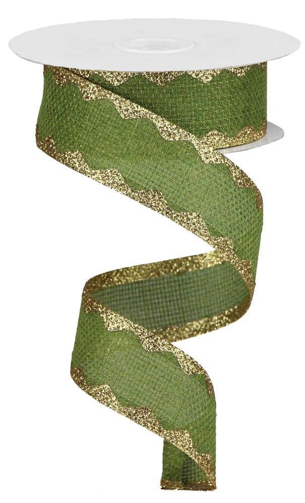USA imported wired ribbon. 1.5" ribbon in a Cross Royal/Ric Rac design in Moss Green with gold edging