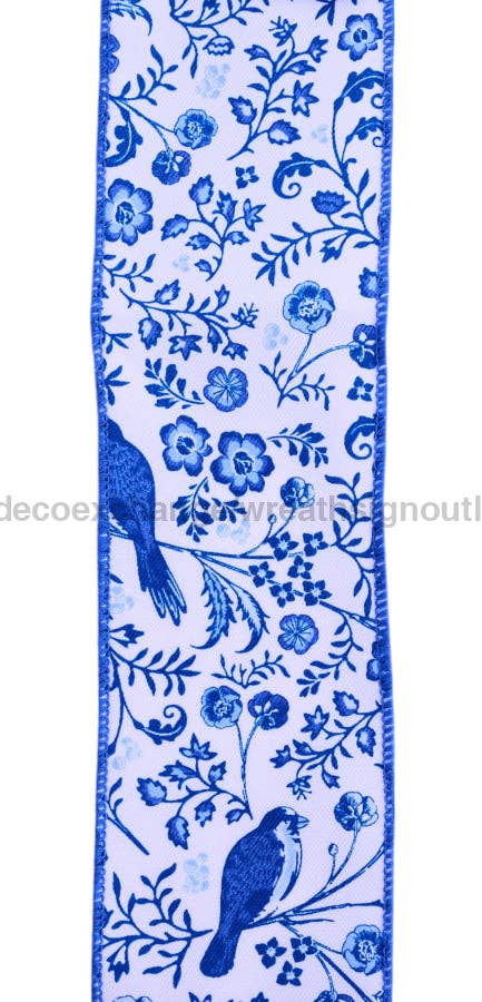 2.5" Wired Ribbon with White & Blue Chinoiserie design.  Sold by the meter