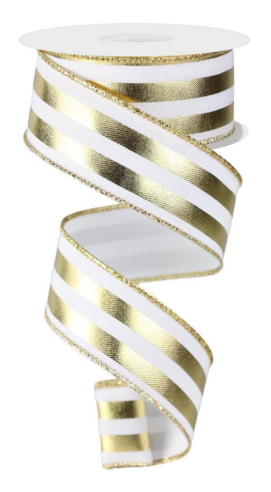 USA imported Wired ribbon.  Deluxe 1.5" wide metallic Vertical Stripes wired ribbon in white and gold