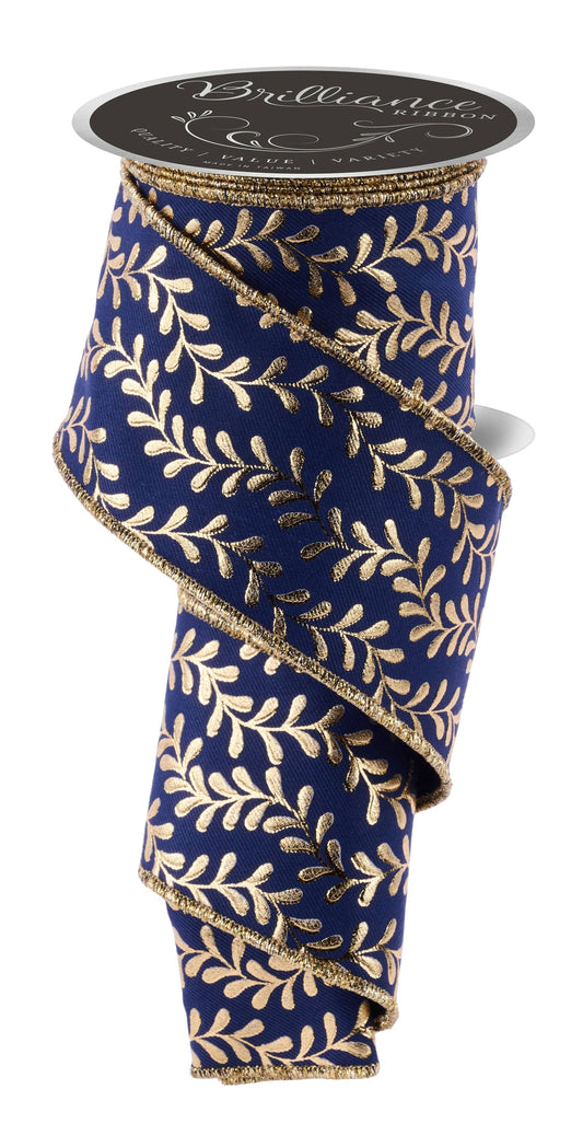 Premium USA imported wired ribbon, 2.5" with foil leaf garland embossed in gold on a beautiful navy ribbon. Sold by the meter.&nbsp;