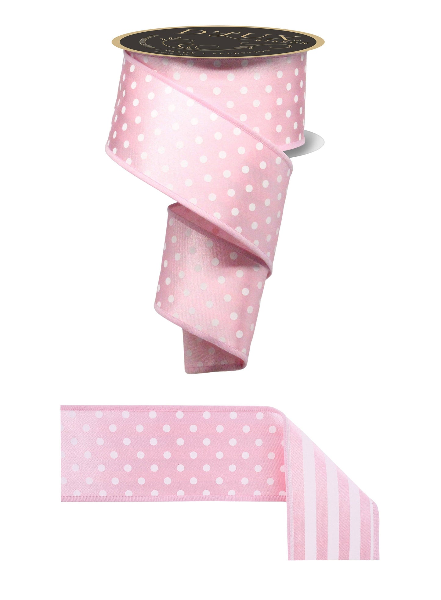 2.5" Wired ribbon. Fused backing with pattern on one side in polka dot, pattern on reverse is strip n pink and white.  Sold by the meter.
