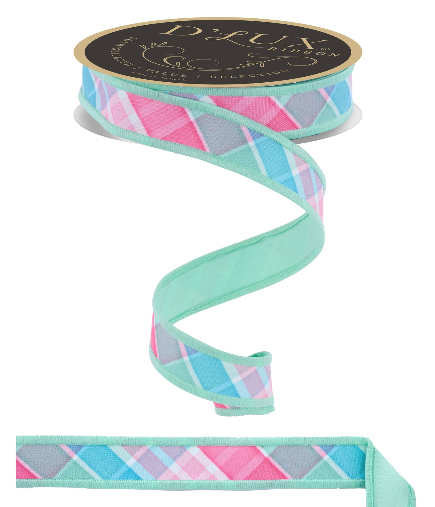 High quality premium USA imported wired ribbon.7/8" ribbon in bold plaid pattern in light teal, pink and mint.  Sold by the meter