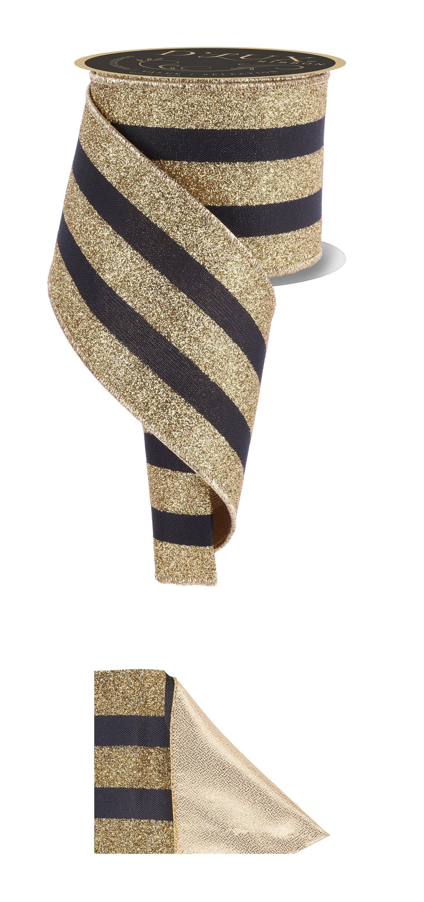 4" Stripe black and gold glitter ribbon, Sold by the Meter