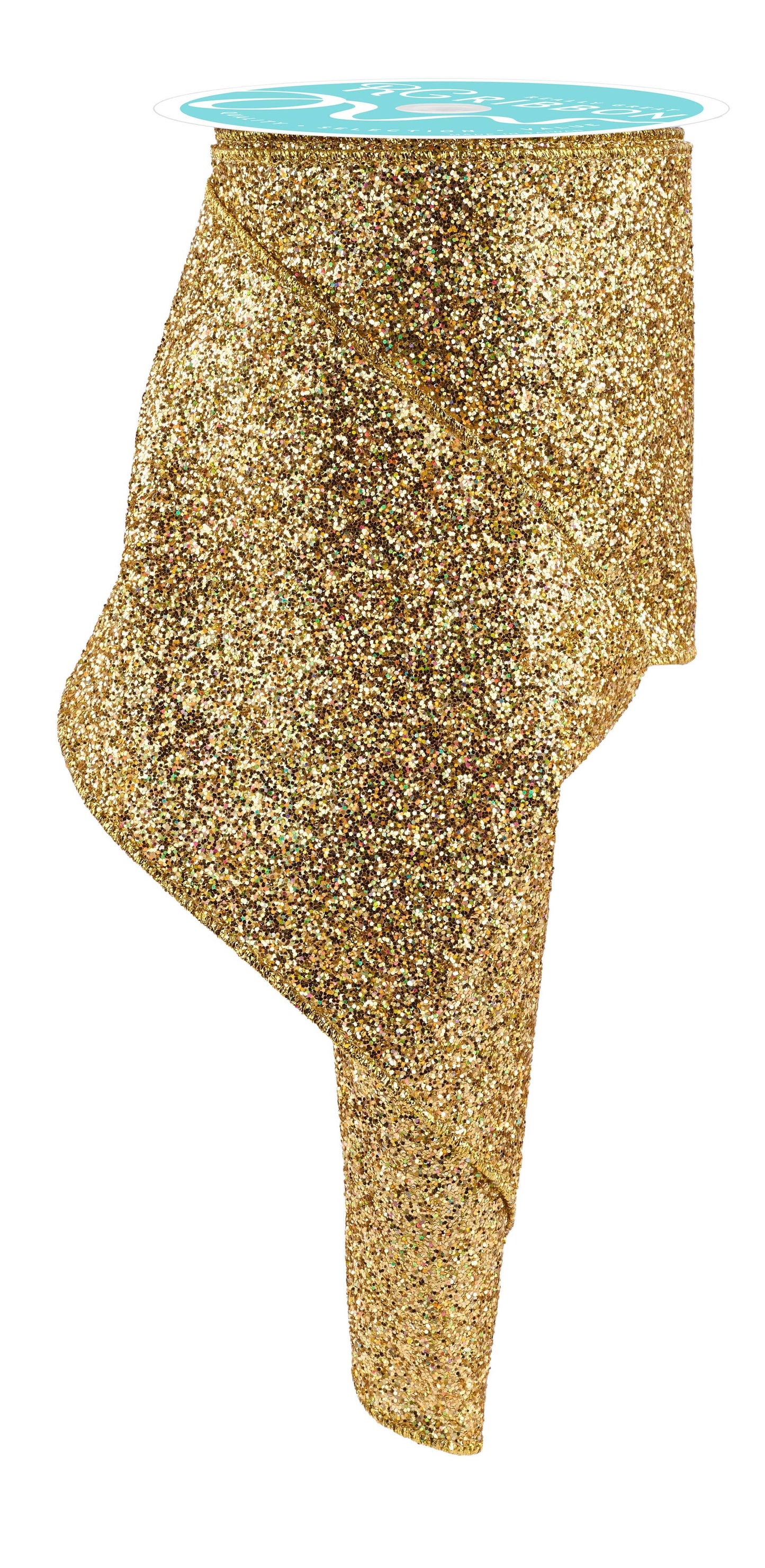 High quality USA imported wired ribbon. A super chunky 4 inch ribbon in Gold Laser Glitte ribbon.  Sold by the meter.