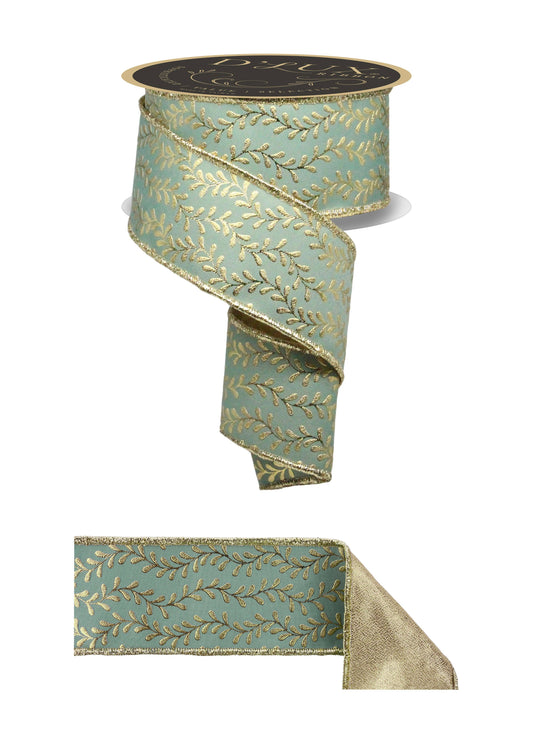 Premium USA imported wired ribbon, 2.5" with foil leaf garland embossed in gold on a sage green&nbsp; ribbon &nbsp;Sold by the meter.