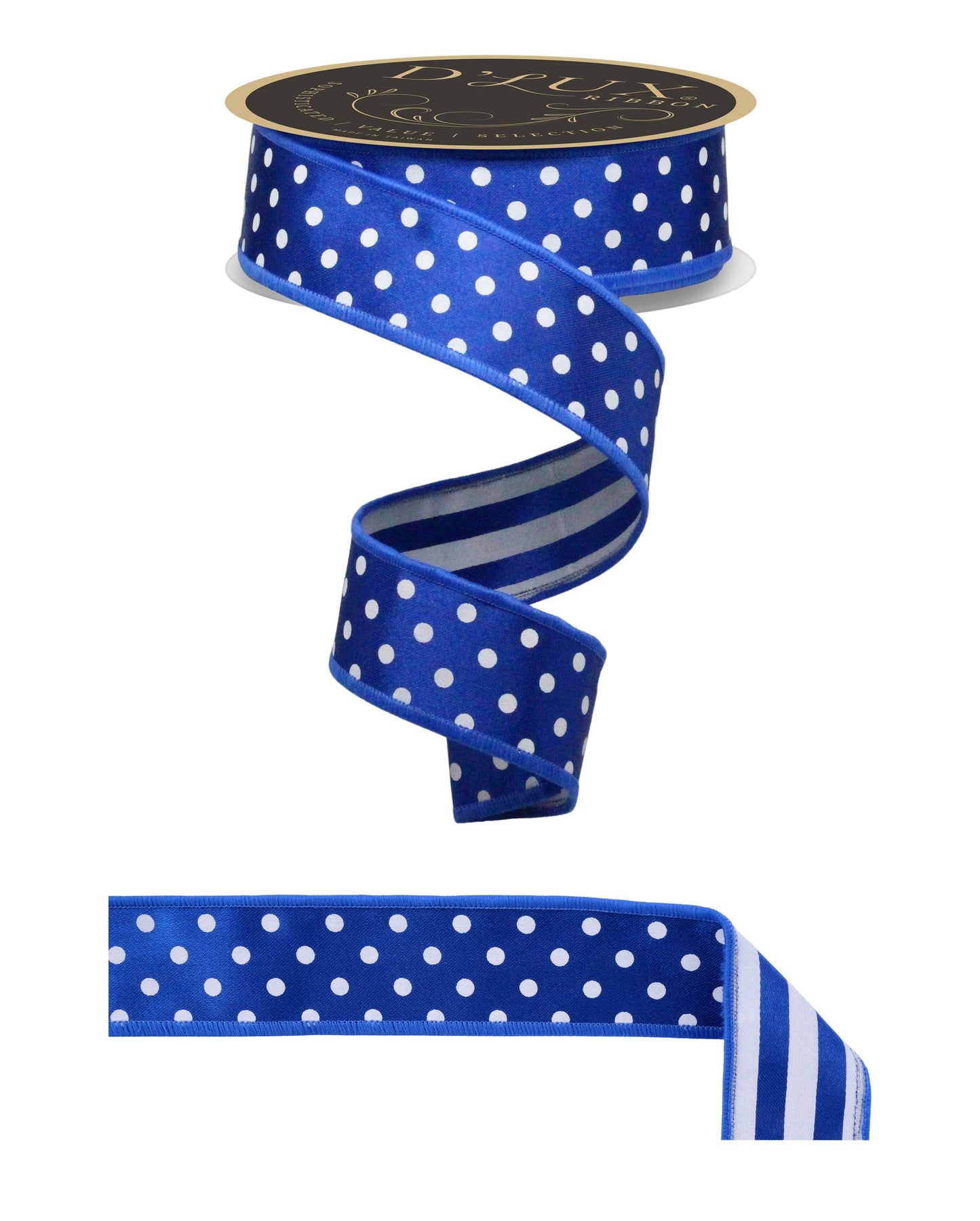 Deluxe 1.5" wide fused ribbon, blue and white polka dot on one side, and stripes on the other side, In Silver, Royal Blue.  White, with a royal blue fused backing  Sold by the meter.