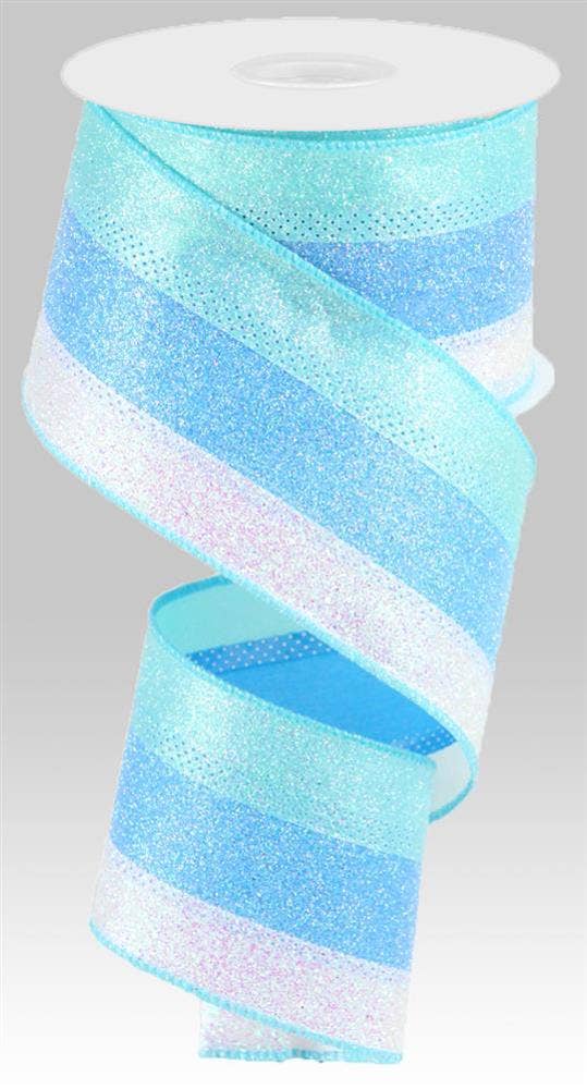High quality USA imported wired ribbon.2.5 inch ribbon, iridescent Glitter in  tones of Blue, Robin Egg Blue & White