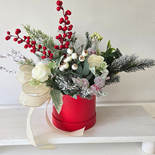 Realistic Christmas foliage, flowers & berries hat box, ideal centerpiece or gift.  Luxury Christmas decor