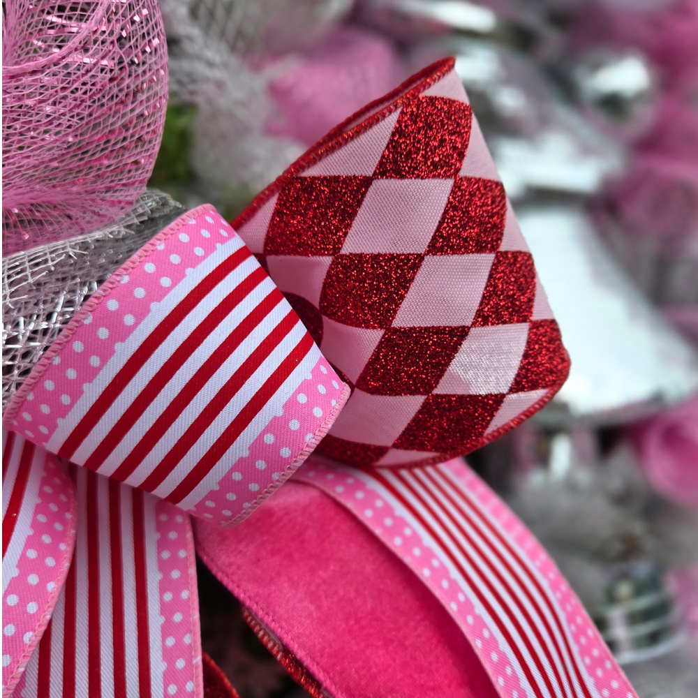 Extra Large deluxe pink, silver & white door wreath with mirror effect Christmas tree.  Luxury Christmas decor