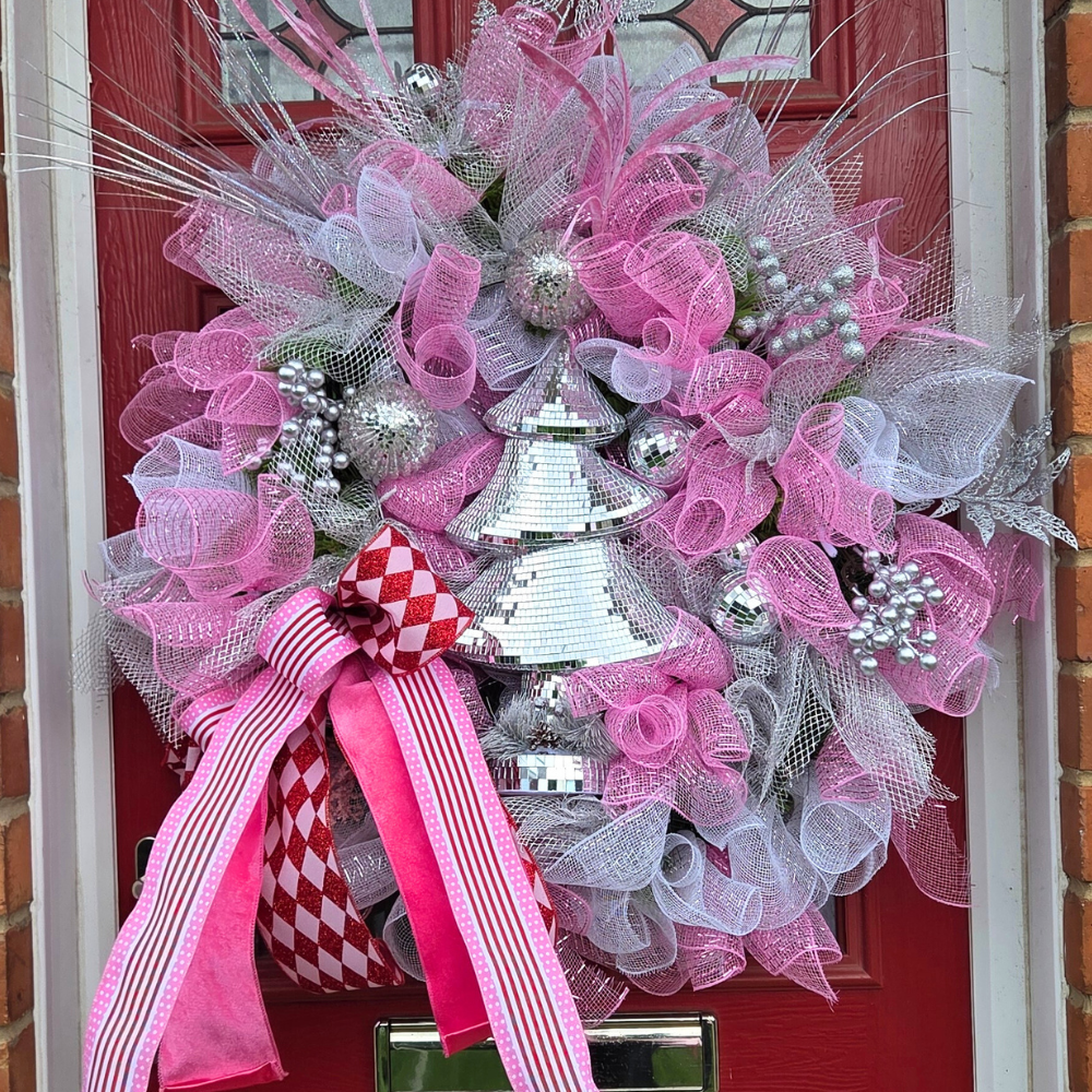 Extra Large deluxe pink, silver & white door wreath with mirror effect Christmas tree.  Luxury Christmas decor