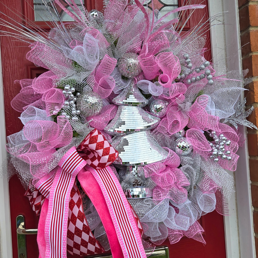 Extra Large deluxe pink, silver & white door wreath with mirror effect Christmas tree.  Luxury Christmas decor