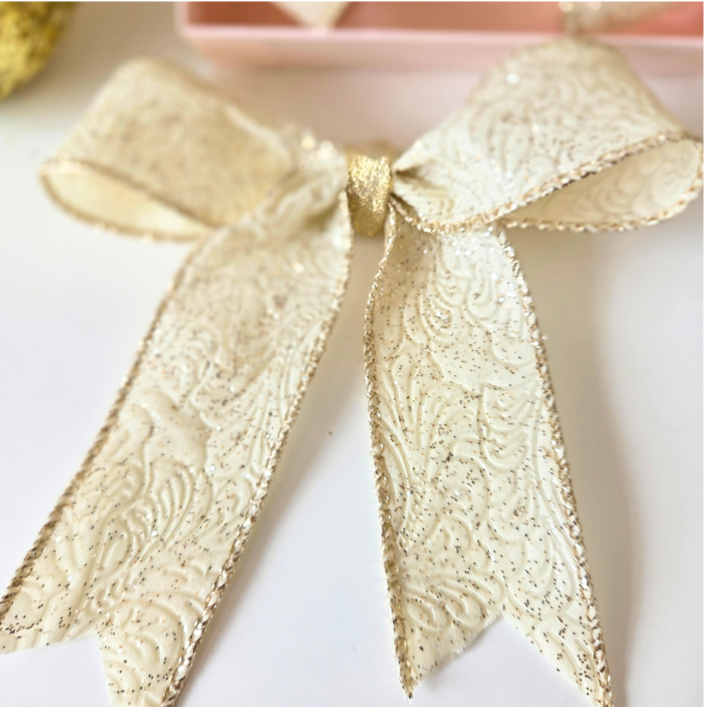 3 x Handmade bows with tails, in champagne and gold.  Approx size 13 x 11cm per bow.